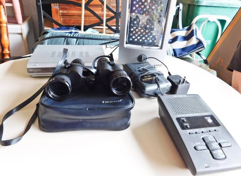 misc electronics and binoculars