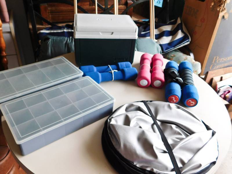 organizers, mini coleman cooler, hand weights