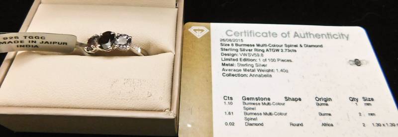 Sterling ring size 8  - Burmese Multicolor Spinel & Diamond