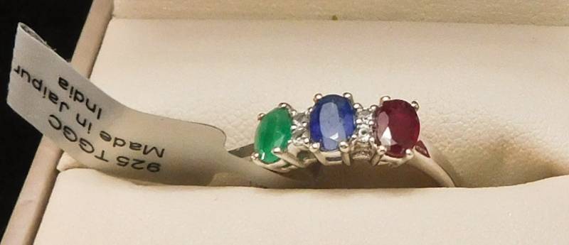 Sterling ring size 8  - Emerald, Ruby Sapphire & White Topaz