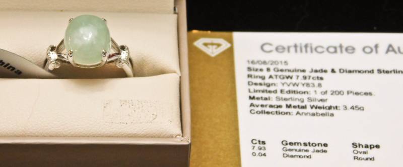 Sterling ring size 8  - Genuine Jade & Diamond