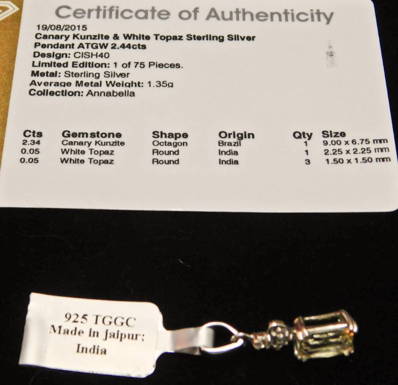 Sterling Pendant - Canary Kunzite & White Topaz