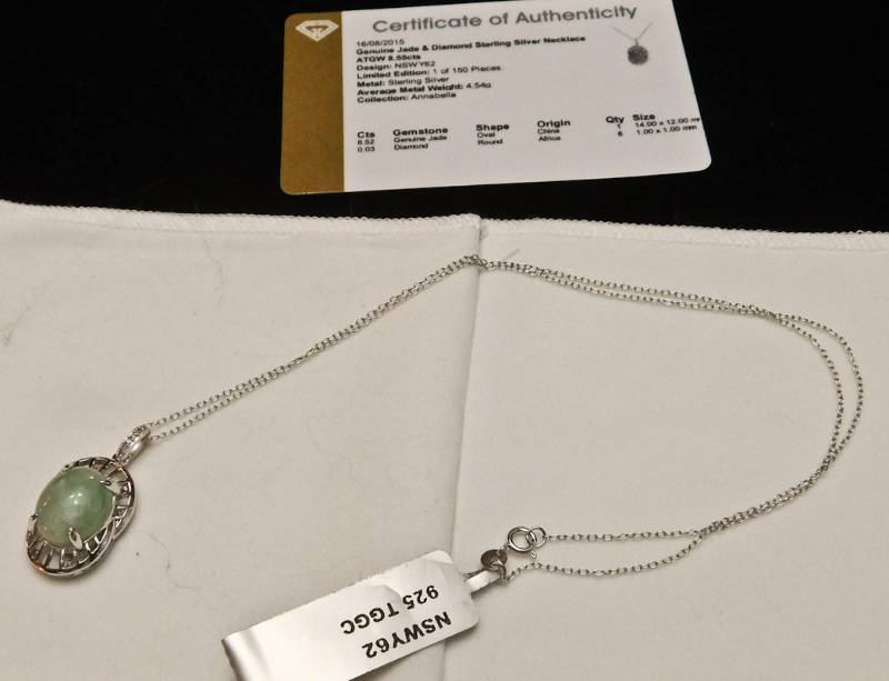 Sterling Silver Necklace Pentant - Genuine Jade & Diamond