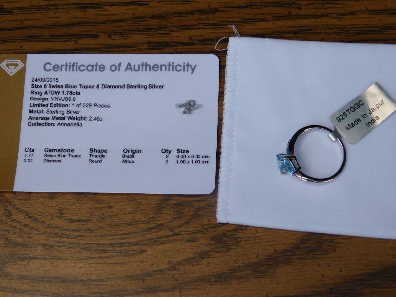 Sterling ring size 8  - Swiss Blue Topaz and Diamond