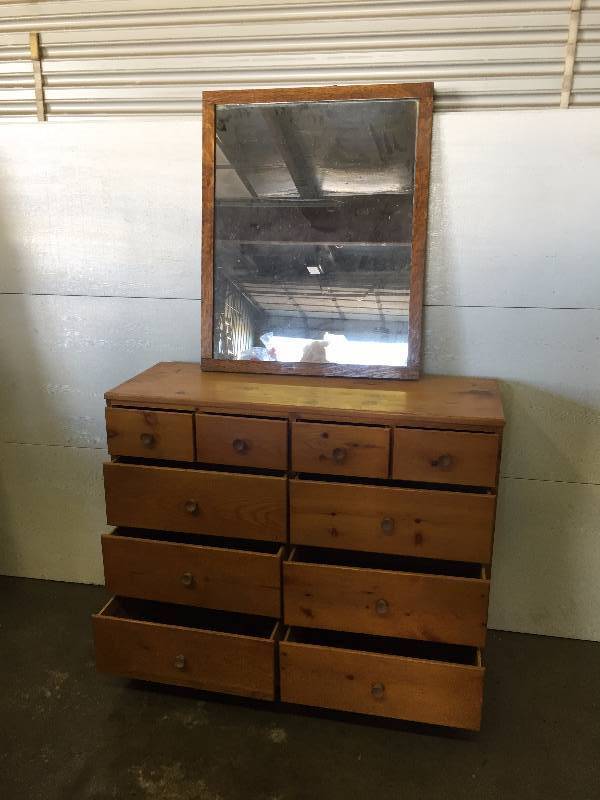 lot 33 image: WOOD DRESSER WITH MIRROR, FAN, SHOVEL, RAKE, ROTORY HOE, SCRAPER