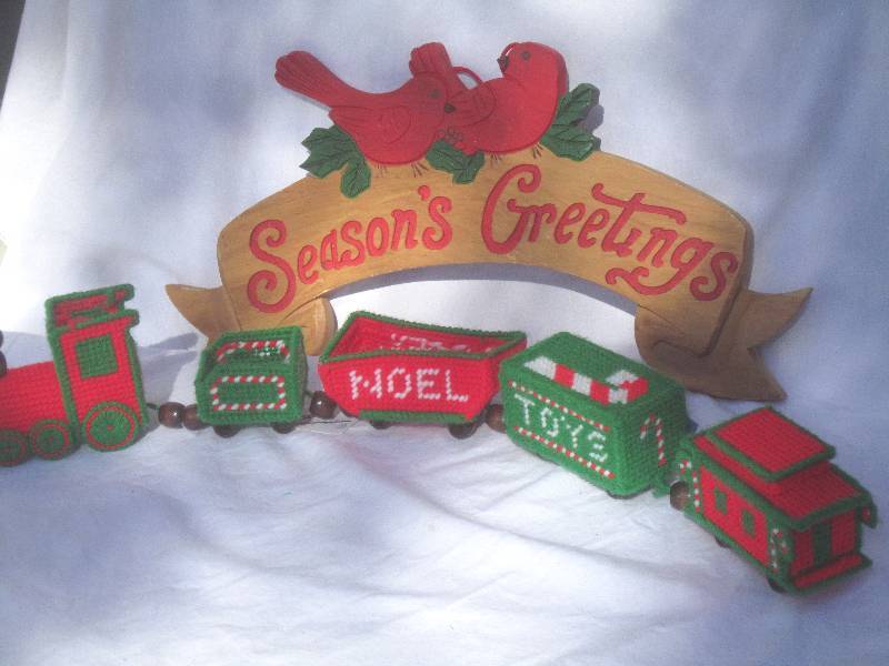 lot 432 image: Christmas - Seasons Greeting Sign and Needlepoint Train