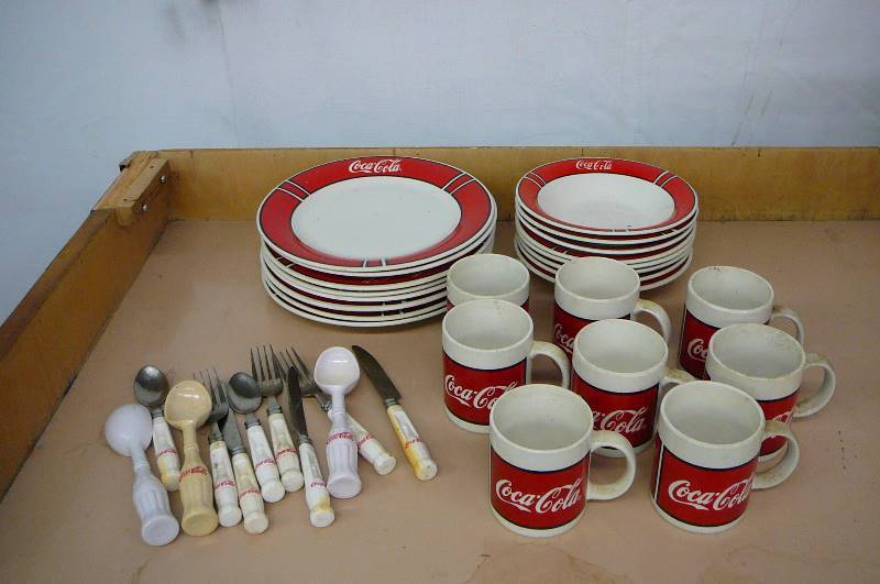 Coke Collectables 8 Plates 8 Cups  8 Bowels, silverware