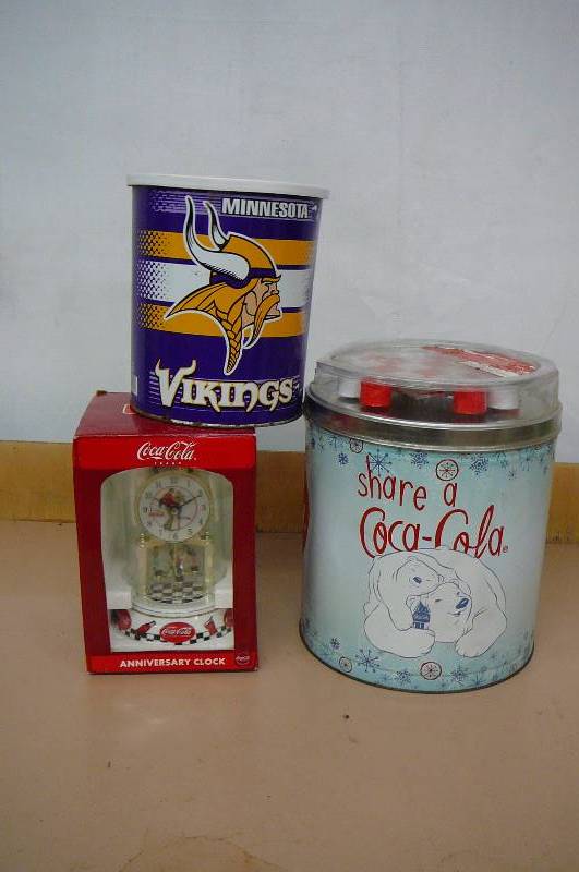 Coke Collectables Clock, Popcorn tin, Viking Tin