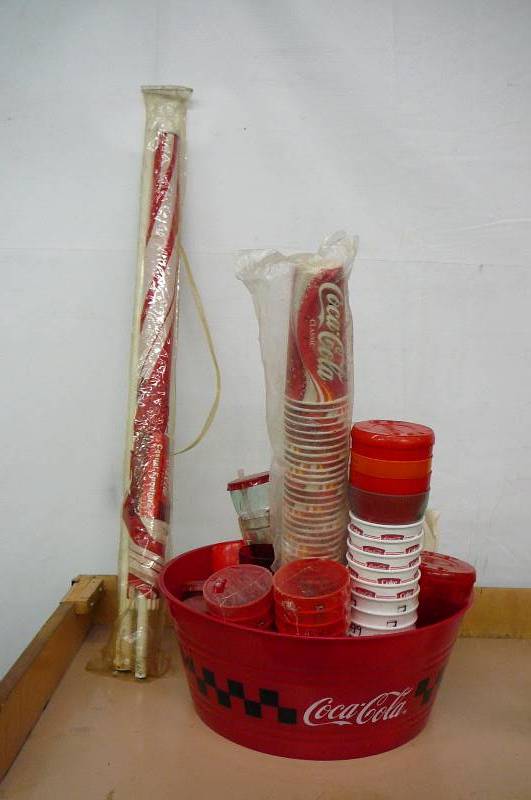 Coke Collectables umbrella, Plastic Coke cups, glasses