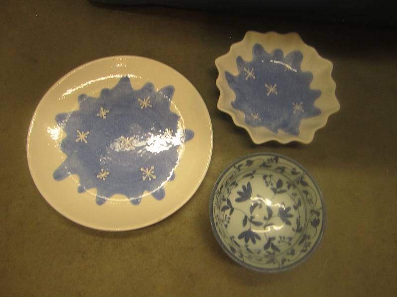 3 blue themed bowls and plates ...