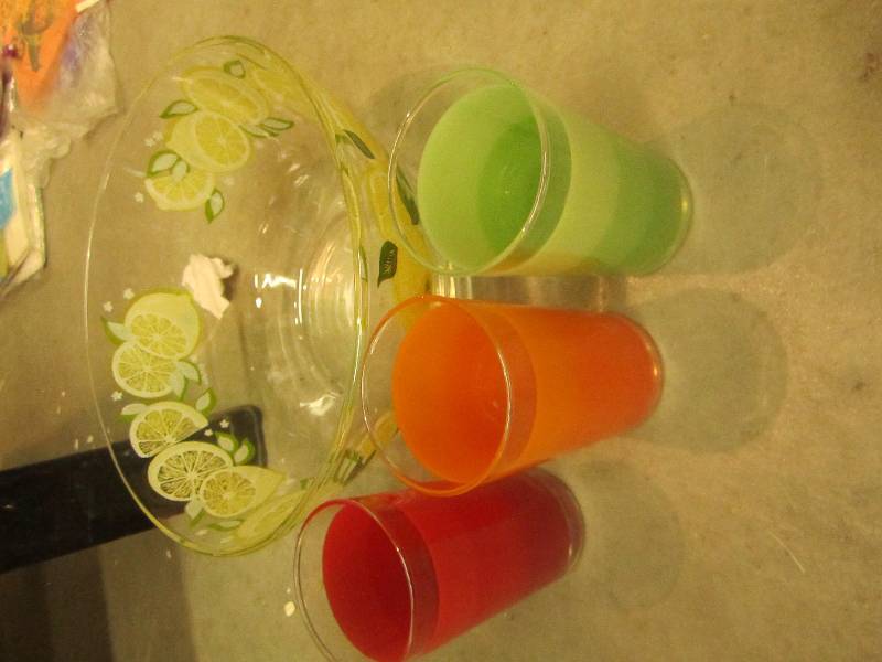 lime bowl with 3 colored glasses ...