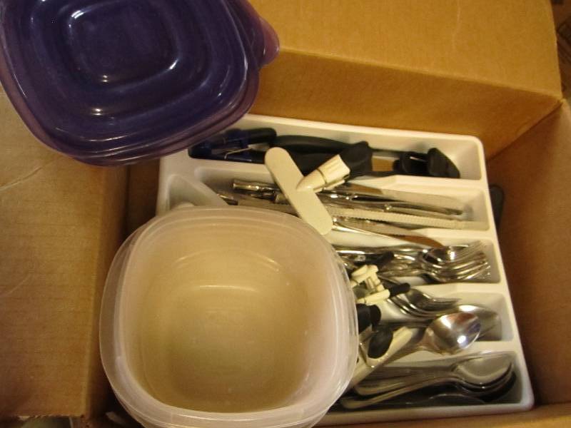small box of kitchen supplies, tupp...