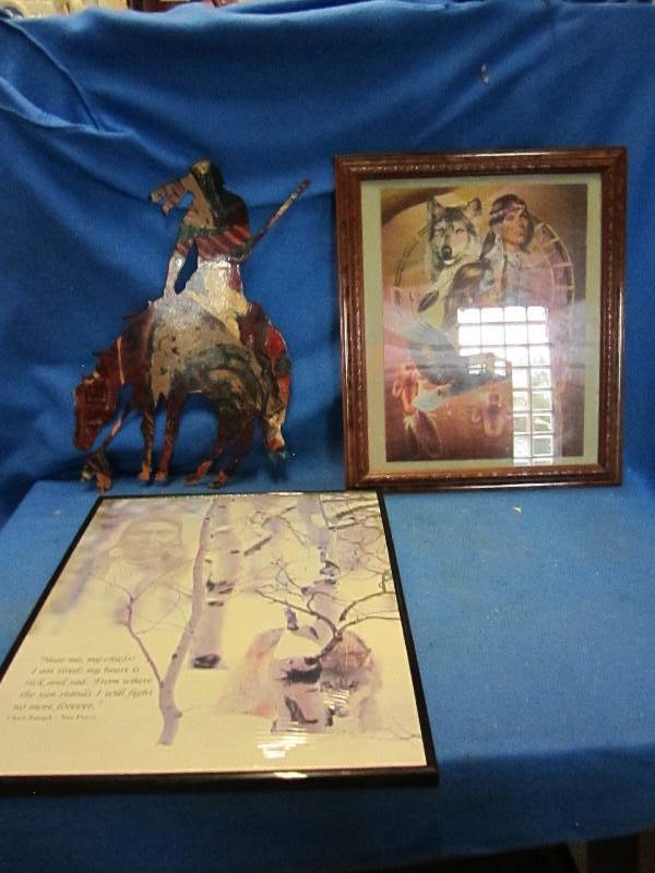 Metal cut out indian, framed indian...