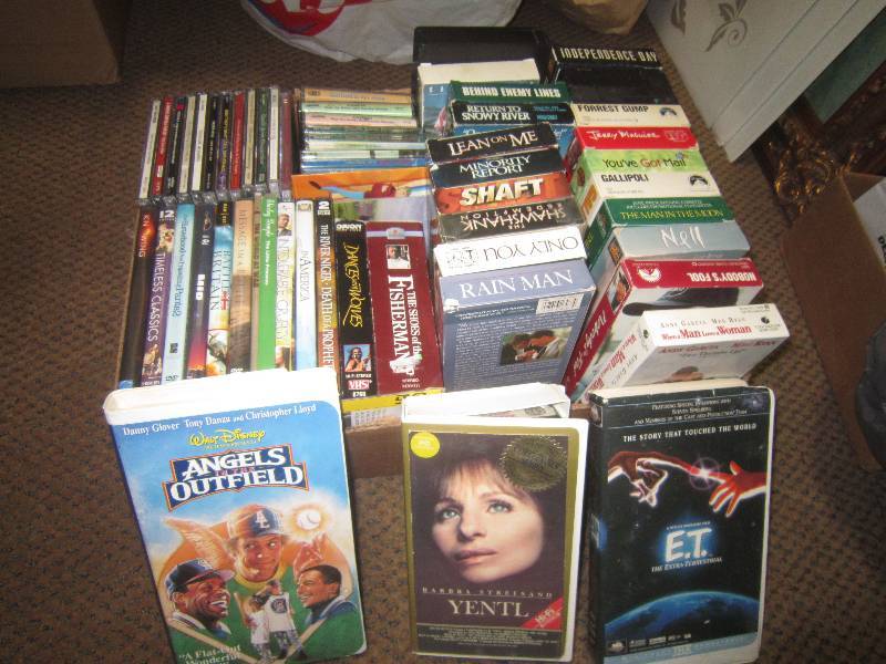 BOX LOT-BOX DVDS, CDS, VHS, CASSETTES