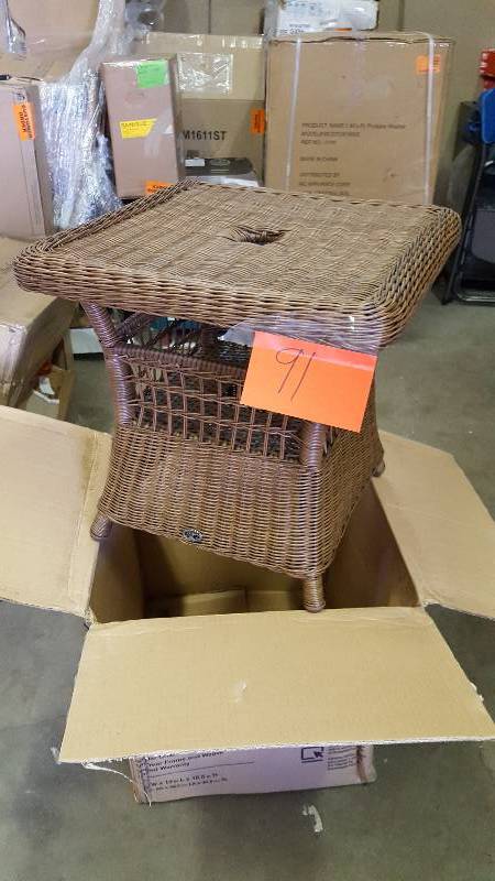 lot 91 image: Hampton Bay Spring Haven Brown All-Weather Wicker Patio Umbrella Side Table New