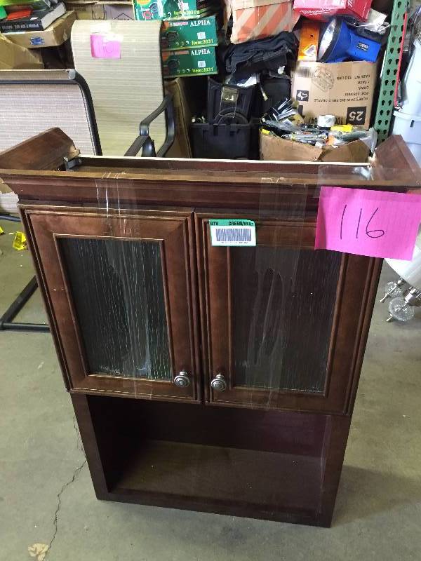 lot 116 image: Home Decorators Collection Cabinets Templin 28 in. W Wall Storage Cabinet damaged on top see pictures