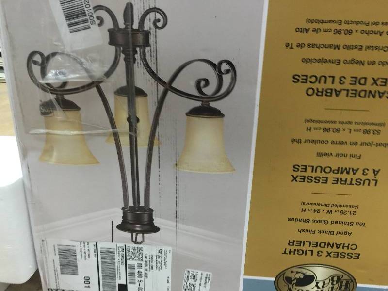 lot 32 image: Hampton Bay Essex 3-Light Aged Black Chandelier New Model # 14708
