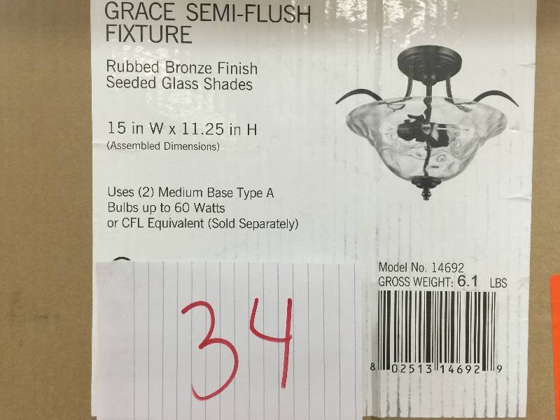 lot 34 image: Hampton Bay Grace 2-Light Rubbed Bronze Semi-Flush Mount Light  Model # 14692 New