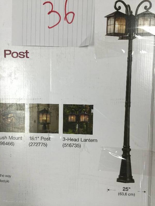 lot 36 image: Home Decorators Collection Brimfield 3-Head Aged Iron Outdoor Post Light Model # HB7019A-292  New