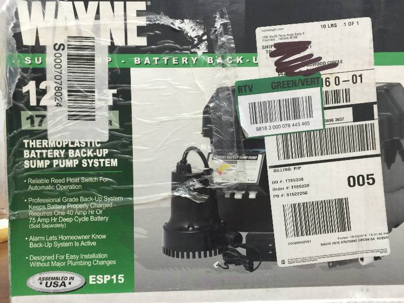 lot 100 image: Wayne 14 HP - 12-Volt Battery Backup Sump Pump System New