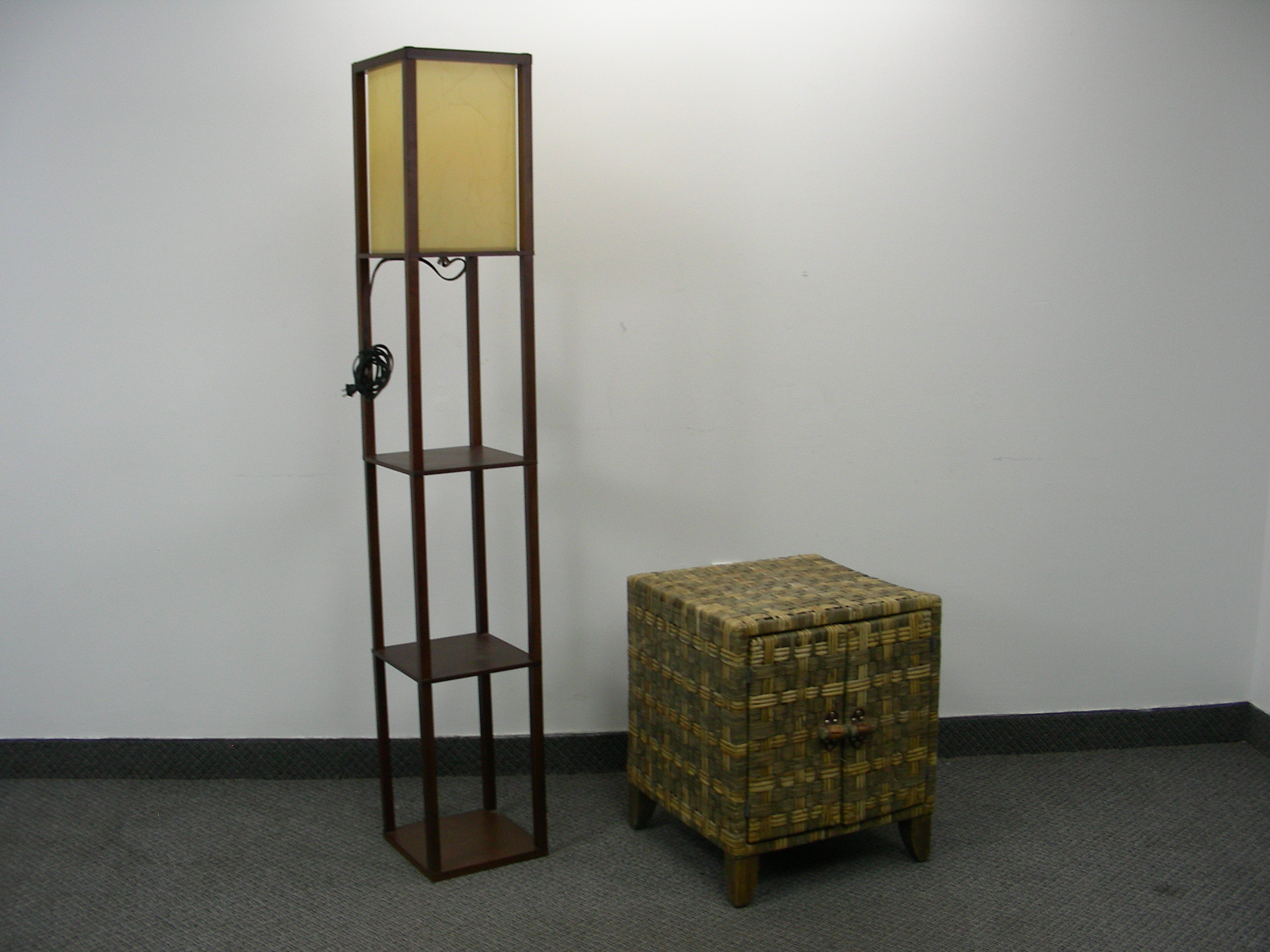 AsianArt Deco Style Standing Lamp, and Woven CabinetSide Table