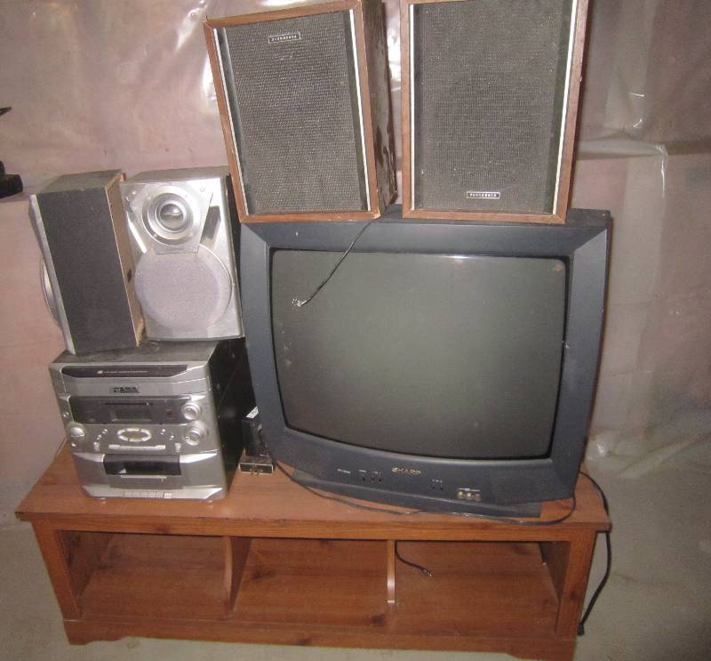 lot 33 image: Sharp TV, Panasonic Speakers Emeryson 6 CD Player with Tape Deck and Speakers and TV Stand