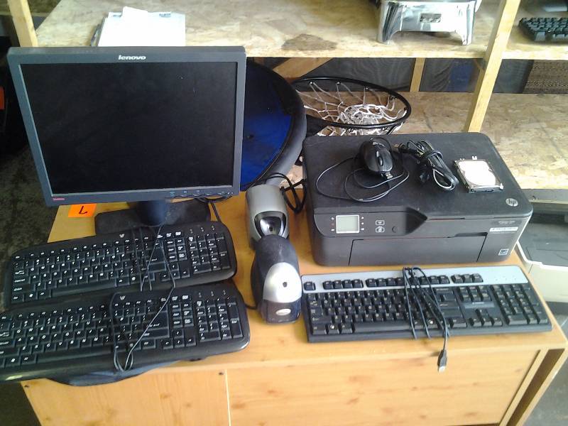 Monitor (lenovo), HP PrintScanCopy, 3-Keyboards, 1-Mouse, 2-Electric Pencil Sharpeners