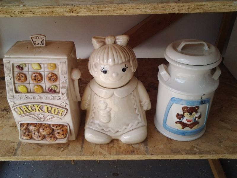 Slot Machine (Lid Has Been Repaired), Doll, Milk Can Cookie Jars