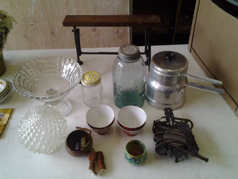 Paper Towel Bracket, Old Trivet, Blue Mason Jar With Lid, Misc Glassware
