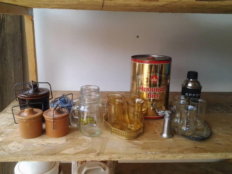 4-Small Crocks, Jagermeister Shot Glass, Amber & Other Juice Glasses, German Beer KegCan, Effen Vodka Shaker, Misc