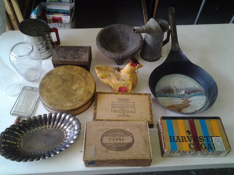 Vintage Sifter, Cigar Boxes, Oil Can, Tins, Painted Pan