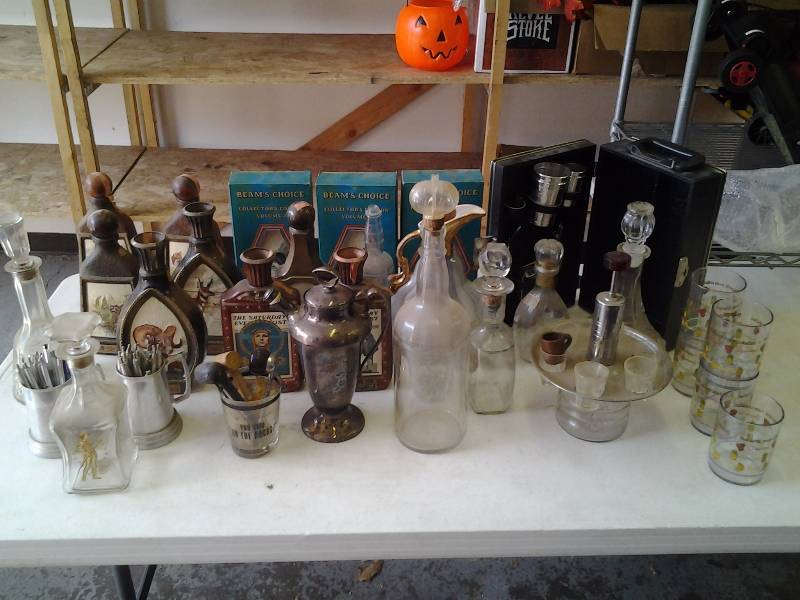 Collection Of Vintage Liquor Decanters, Jim Beam Bottles, Porta-Bar Case, Retro Shot Server, Pipes, Steins, Bar Related