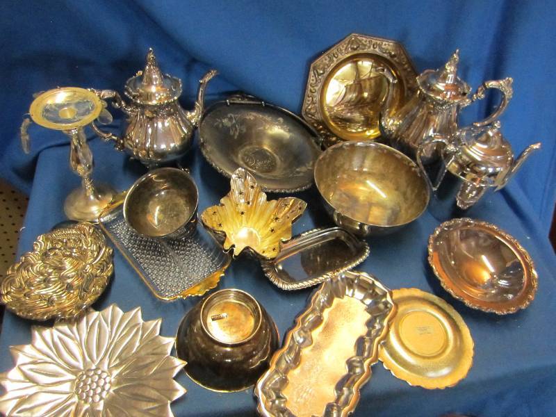 Lot of metal serving ware, most are...