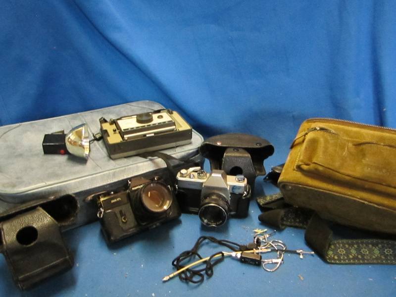 Lot of vintage cameras in a vintage...