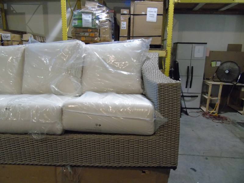 lot 14 image: Premium Edgewood Wicker Patio Sofa - White Cushions