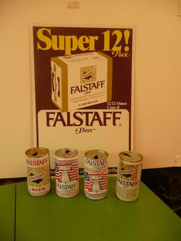 VINTAGE FALSTAFF BEER CAN AND SIGN GROUP