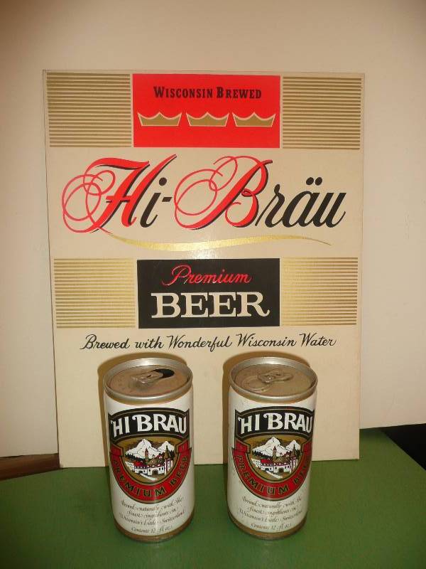 VINTAGE HI-BRAU CANS AND SIGN