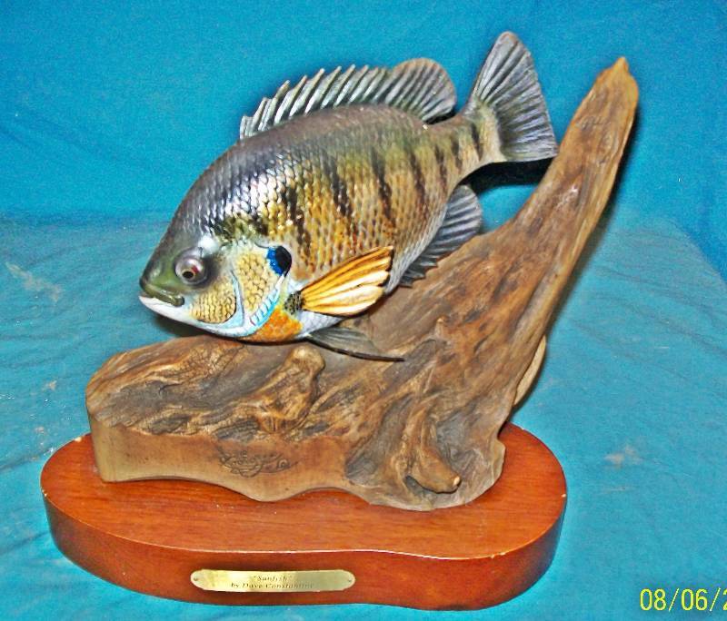 lot 1 image: Collectible Dave Constantine Wood Carved Sunfish Signed Sculpture.