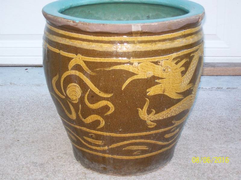 lot 2 image: AntiqueCollectible Clay Fish Bowl Vase1890s Chinese Pot Golden Dragons In Search of Pearl of Life