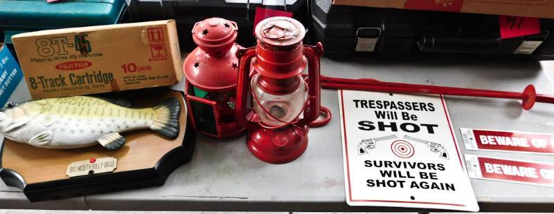 lot 53 image: 2 red lanterns, beware of dog signs and more