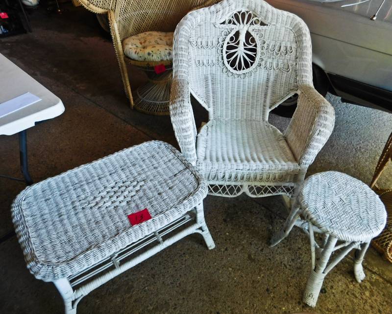 lot 13 image: 3 white Wicker rattan items chair and 2 tables