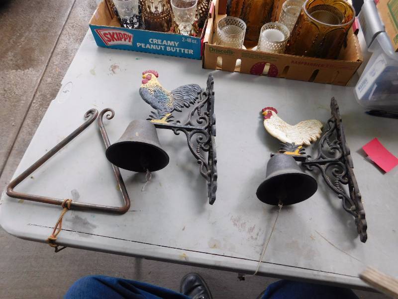 lot 67 image: 2 cast iron rooster bells and triangle bell