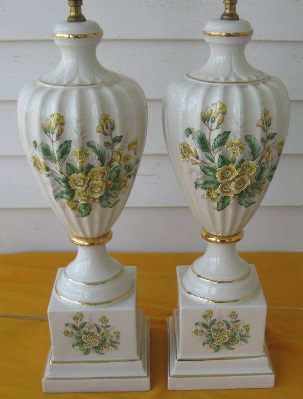 lot 001 image: Tall, Porcelain TABLE LAMPS w Yellow Floral Motif