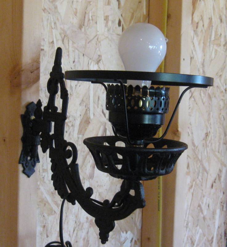 lot 049 image: Vintage Cast Iron Wall Lamp with Nobbed, Milk Glass Shade