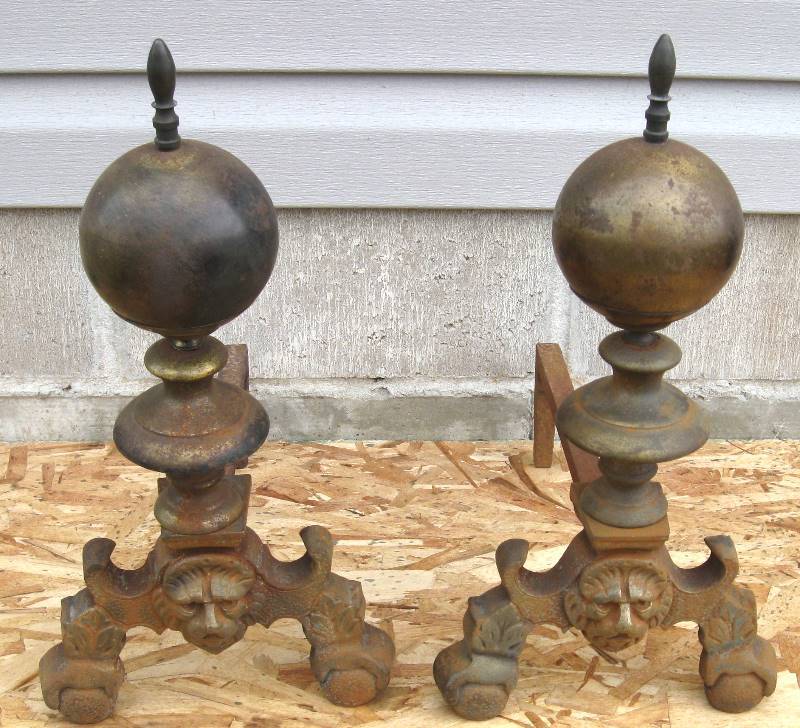 lot 072 image: Antique Andirons & Brass Log Basket Holder