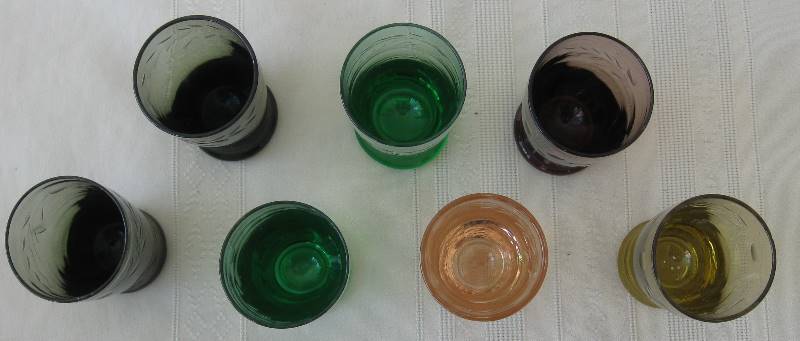 lot 154 image: 7 Etched Glass, Colored Shot Glasses