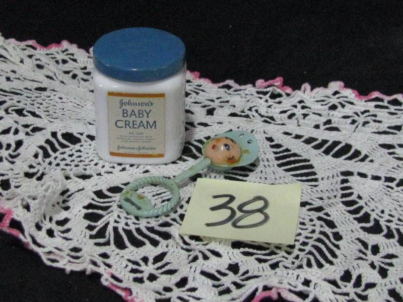 Johnsons body cream jar & baby rattle