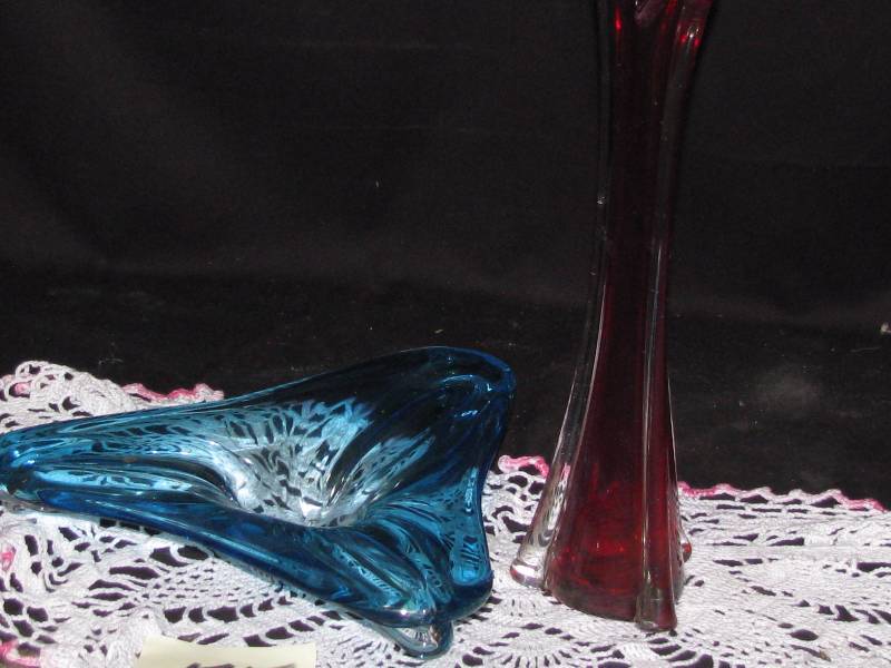 Blue glass dish with Ruby Red Vase