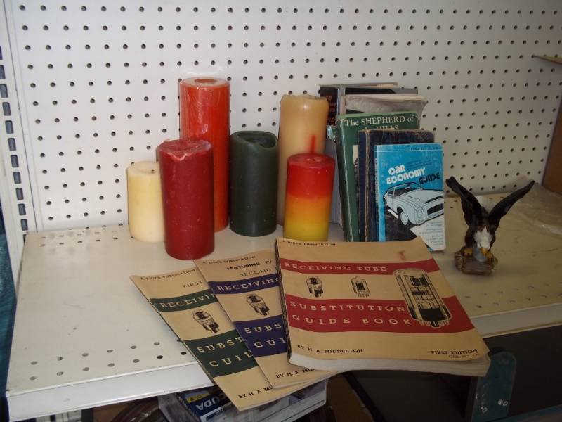 lot 243 image: Radio Tube Books, Candles and eagle dcor