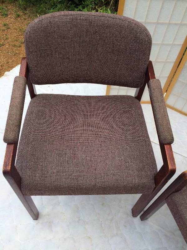 Retro Matching Pair Sturdy Fabric Wood Frame Office Waiting Room Lobby Reception Captains Visitor Guest Chairs - Chairs are sturdy but have wear on wood & fabric due to age - no holes or tears